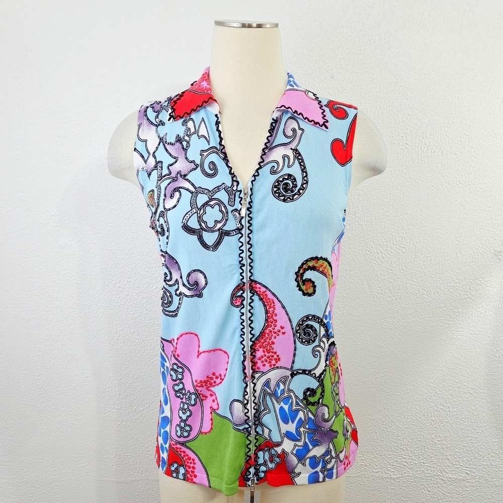 Vintage 90s Alberto Makali Knit Tank Top Blue Floral Beaded Sequins Size Large L